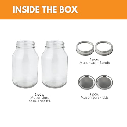 FastRack 32 oz Regular Mouth Mason Jars with Lids – Pack of 2 Quart Canning Jars for Food Storage, Pickling, Fermentation, Crafts – Reusable Airtight Large Glass Mason Jar - size: 32oz - 2 Pack