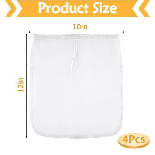 4 Pcs Food Grade Nut Milk Bag Reusable, Grade 100, 10" x 12" Nut Bag Strainer, Fine Mesh Nylon Cheese Cloth Bags for Straining Oat Almond Milk, Greek Yogurt, Juice, Cold Brew Coffee, Beer Tea - size: 10" x 12"