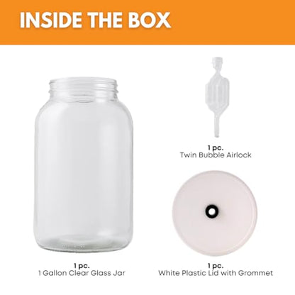 FastRack 1 Gallon Wide Mouth Glass Jar with Airtight Lid & Twin Bubble Airlock – Large Glass Jar with Lid for Fermentation, Pickling, Brewing, Canning & Storage