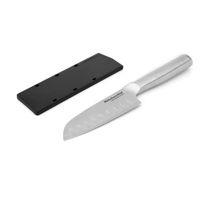 KitchenAid Gourmet Forged Triple Rivet Serrated Utility Knife with Custom Fit Blade Cover, 5.5 inch, Sharp Kitchen Knife, High Carbon Japanese Stainless Steel Blade, Stainless Steel - style: 5-Inch Santoku Knife