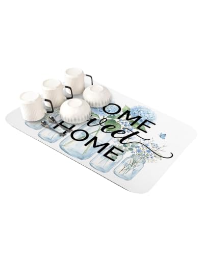 Botanical Flowers Dish Drying Mat for Kitchen Counter, Absorbent Quick Dry Coffee Bar Mat Pad Thin Diatomaceous Sink Mats, Sky Blue Hydrangea Florals Butterflies Non Slip Dish Drainer Mats 12''x16'' - size: 16" x 12"