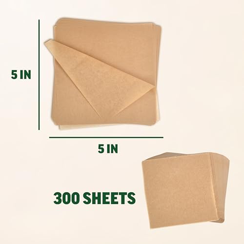 Zenlogy 5x5 Small Parchment Squares (300 sheets) - Unbleached, Non-stick, Pre-cut Parchment Paper- Ideal for Candy Wrappers, Liner Paper, Freezing and Storing, Separating, and Diamond Painting - size: 5x5 - 300 Sheets