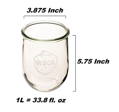 Weck Tulip Jar - Sour Dough Starter Jars for Sourdough - 1 x WECK 745 Large Clear Jar with Wide Mouth - 1 Liter Includes Glass Lid, rubber seal and steel clips
