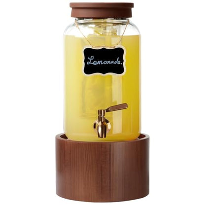 1 Gallon Glass Drink Dispenser for Parties, Beverage Dispenser with Wooden Stand, Silicone Lid and Stainless Steel Spigot, Ideal for Lemonade, Juice, Sun Tea, and Party Drinks