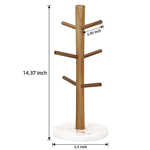 Buruis Wood Mug Holder, Marble Base Cup Rack Tree, Mug Stand Hanger, Kitchen Coffee Tree Countertop Tea Holder Stand, Coffee Cup Dryer with 6 Hooks (Round Base White) - color: Round Base White