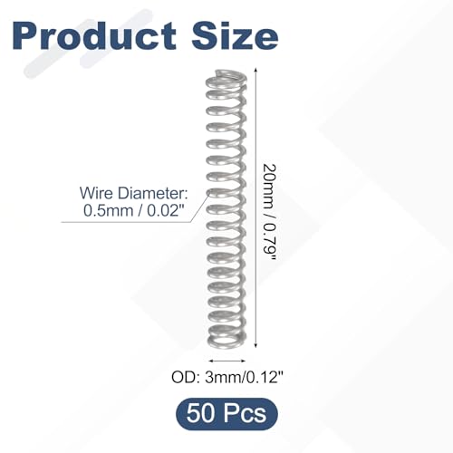 uxcell 50Pcs 304 Stainless Steel Compression Springs, 0.5mm x 3mm x 20mm Small & Tiny Pen Spring for Home Repair & DIY, Workshop & Industrial Use, (Silver Tone) - size: 3mmx20mm