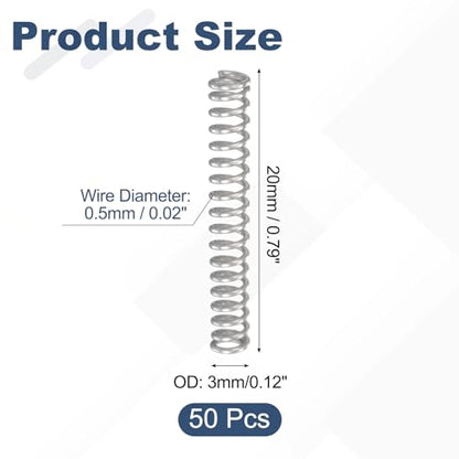 uxcell 50Pcs 304 Stainless Steel Compression Springs, 0.5mm x 3mm x 20mm Small & Tiny Pen Spring for Home Repair & DIY, Workshop & Industrial Use, (Silver Tone) - size: 3mmx20mm