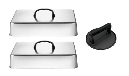 13"(L) x 11"(W) x 2.6"(H) 2Pcs Rectangular Basting Cover & 6.5" Round Flat Cast Iron Smash Burger Press, Stainless Steel Grill Cover Lid for Outdoor/Indoor Cooking, Cheese Melting Dome, Basting Cover