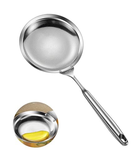 Ugotit Skimmer Spoon - Extra Large Stainless Steel Fine Mesh Strainer for Soup, Pasta & Deep Frying, Bacon Fat Filter with Thickened Grip (DIA 5.9 Inch) - color: Round Handle 5.9inch