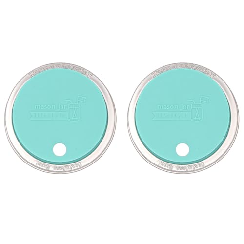 2 Pack, Aquamarine, Wide Mouth Silicone Straw Hole Tumbler and Fermentation Lids with Stainless Steel Bands by Mason Jar Lifestyle - color: Aquamarine, size: Wide Mouth