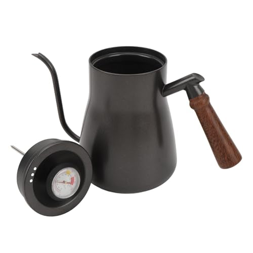 Coffee Kettle, 850ml Stainless Steel Gooseneck Teapot, Wooden Handle Kettle with Thermometer & Long Spout, Ideal for Home, Travel & Office Brewing