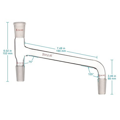 stonylab Borosilicate Glass 75 Degree Bent Distilling Adapter, with Two 24/40 Inner Joints and One Outer Joint, for Laboratory Distillation - size: 24/40 Joint