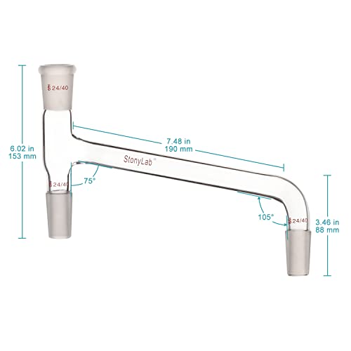 stonylab Borosilicate Glass 75 Degree Bent Distilling Adapter, with Two 24/40 Inner Joints and One Outer Joint, for Laboratory Distillation - size: 24/40 Joint