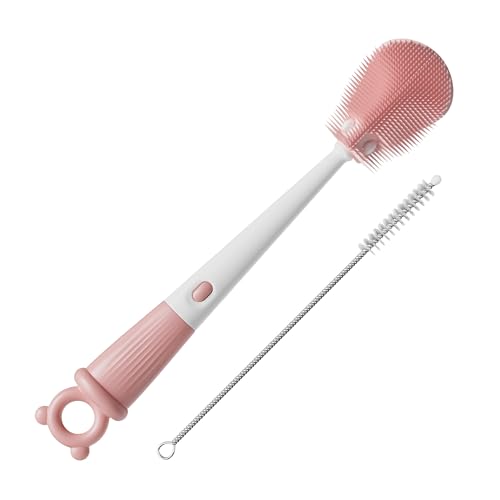 JOYMOOP Silicone Bottle Brush & Straw Cleaner Brush Set, Multi-Functional Bottle Washer for Sports Water Bottle,Glassware,Vase,and Narrow Neck Containers,Pink