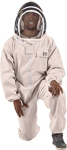 Bees & Co U74 Natural Cotton Beekeeper Suit with Fencing Veil - size: Medium