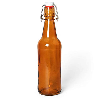 Glass Grolsch Beer Bottles, Pint Size - 16 oz Amber Single - Airtight Seal with Swing Top/Flip Top Stoppers - Supplies for Home Brewing & Fermenting of Alcohol, Kombucha Tea, Wine, & Homemade Soda