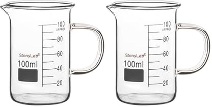 stonylab Glass Beaker with Handle, Borosilicate Glass Graduated Low Form Griffin Beaker with Handle and Pouring Spout, 100 ml (Pack of 2) - size: 100 ml (Pack of 2)