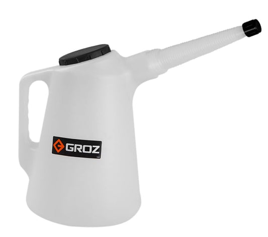 Groz 5-Liter HDPE Graduated Measuring Container, Flexible Pour Spout, Light Blue, Metric Liter Markings for Engine Oil, Coolant and Workshop Fluids (41880) - size: 5.0-Liter