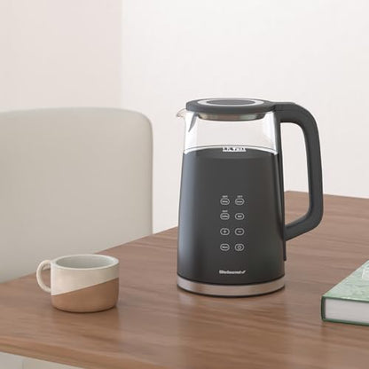 Elite Gourmet 1.7L Dual Wall Cool Touch Electric Tea Kettle, Borosilicate Glass, 304 Stainless Steel Interior, Programmed Digital Touchscreen, Keep Warm, Auto Off & Audible Indicator, Black - size: 1.8 Quarts