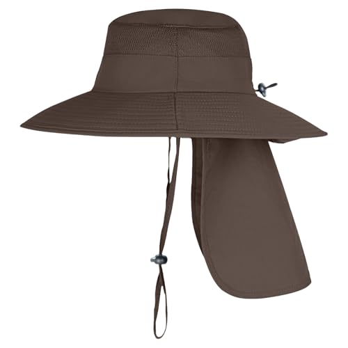 Sun Hats for Men Women Fishing Hat UPF 50+ Breathable Wide Brim Bucket Hats Summer UV Protection Safari Hat with Neck Flap - color: Coffee