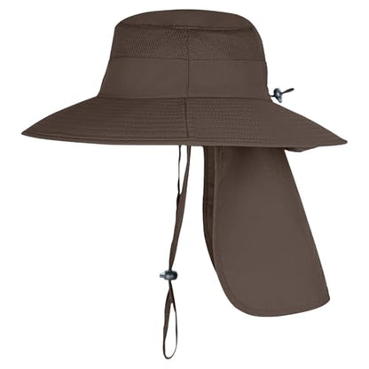 Sun Hats for Men Women Fishing Hat UPF 50+ Breathable Wide Brim Bucket Hats Summer UV Protection Safari Hat with Neck Flap - color: Coffee