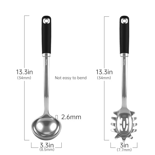 Safring Stainless Steel Soup Ladle and Spaghetti Spoon Set, Heat Resistant Rubber Handle, Dishwasher Safe, Kitchen Utensils for Cooking, Stirring, Serving Pasta, Soup & Sauce (black) - color: Black
