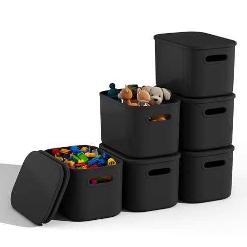 6 Pack Black Storage Bins with Lids for Shelves, Plastic Storage Containers with Lids for Organizing, Stackable Storage Boxes with Handle, Black Storage Bins for Classroom, Craft, Snacks - color: Black, size: 6 Pack