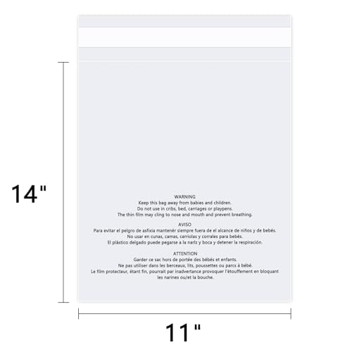 11" x 14" (100 Count) Self Seal Clear Poly Bags with Suffocation Warning for Packaging, Shipping, Clothing, Shirts & FBA - Resealable Adhesive - color: 100 Count