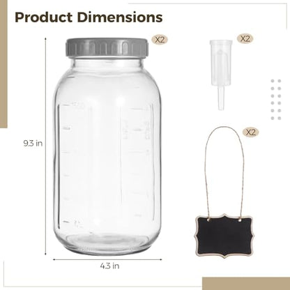 2 Pcs 64 Oz Fermentation Jar Set with Airlocks, Wide Mouth Glass Pickle Jar with Volume Markings, Food-Safe, Thickened for Brewing