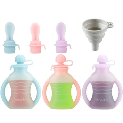 PandaEar 3 Pack Reusable Silicone Baby Food Pouches with 3 Puree Feeder Spoons & Funnel | 4oz Toddler Food Storage Pouch with Handle | BPA-Free Baby Squeeze Pouches for Homemade Purees