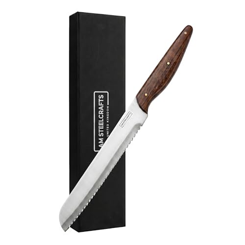 AM Steelcrafts Handmade Premium Artisanal 9 Inch Bread Knife, Serrated Stainless Steel Blade, Ergonomic Dark Wood Handle with Brass Rivets