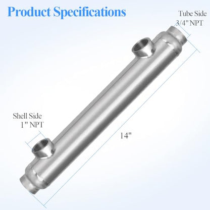 AB Premium Pool Heat Exchanger 55 k Btu Stainless Steel 316L Opposite Ports 3/4" FNPT for Better Working with Spa/Solar/Swimming Pool Heating and Cooling - size: 55K