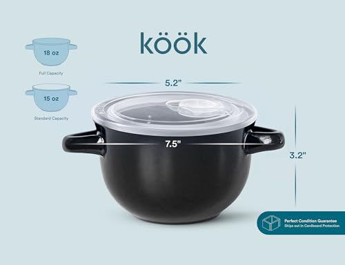 KooK French Onion Soup Crocks with Handles, Ceramic Bowls, for Rice, Dessert, Pasta, Dishwasher, Microwave, Oven & Broil Safe, Black, Set of 4, 18 oz - color: Black