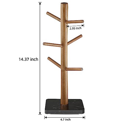 Buruis Wood Mug Holder, Marble Base Cup Rack Tree, Kitchen Coffee Mug Tree Countertop Tea Cups Holder Stand, Coffee Cup Dryer with 6 Hooks (Black) - color: Square base Black