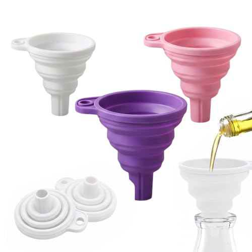 Kitchen Funnel Set 3 Pack, Food-Grade Collapsible Silicone Funnels for Kitchen Use Filling Bottles, Easy Clean Space-Saving Funnels for Water Oil Liquid Transfer (Purple+Pink+White) - color: Purple+Pink+White