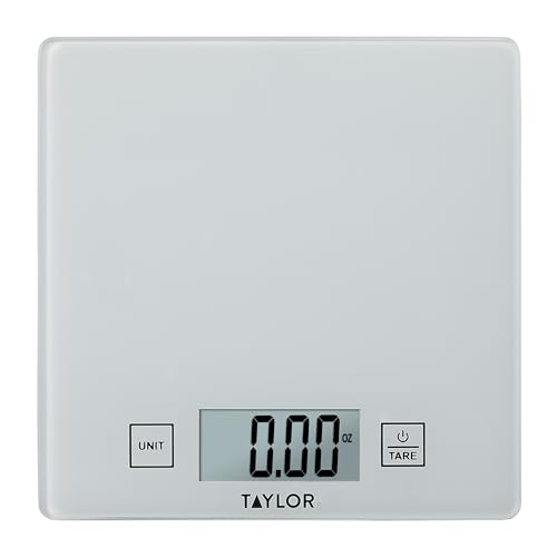 Taylor Compact Glass Kitchen Food Scale, 11 lb Capacity Digital Scale for Baking, Cooking, Meal Prep, Portion Control, Thin Lightweight Design, Easy-to-Read Display, White