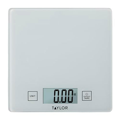 Taylor Compact Glass Kitchen Food Scale, 11 lb Capacity Digital Scale for Baking, Cooking, Meal Prep, Portion Control, Thin Lightweight Design, Easy-to-Read Display, White