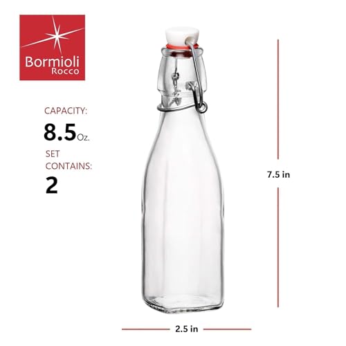 Bormioli Rocco Swing Top Glass Bottle (Set of 2) - 8.5 oz Kitchen Containers with Airtight Seal, Ideal for Homemade Dressings, Syrups, Infused Oils, Small-Batch Beverages - Glassware for Kitchen - size: 8.5 Oz.