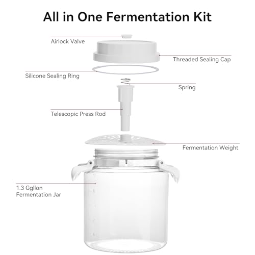 1.3 Gallon Plastic Fermentation Jars - Kimchi Fermenting Container with Auto Weight Press Plate & One Way Exhaust Valve, Wide Mouth Sauerkraut Fermenter Making Set for Pickling Canning Sauce