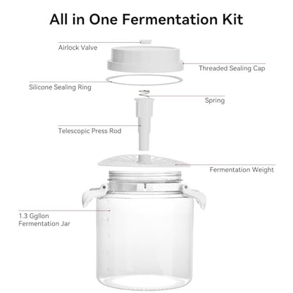 1.3 Gallon Plastic Fermentation Jars - Kimchi Fermenting Container with Auto Weight Press Plate & One Way Exhaust Valve, Wide Mouth Sauerkraut Fermenter Making Set for Pickling Canning Sauce