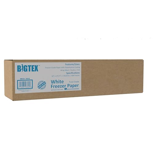 White Freezer Paper 18 inch x 175 feet, 2” Core, 1 Roll, 40lb. Big Tex by ALLIANCE – Food Grade Paper W/Side Cutter, Made in the USA