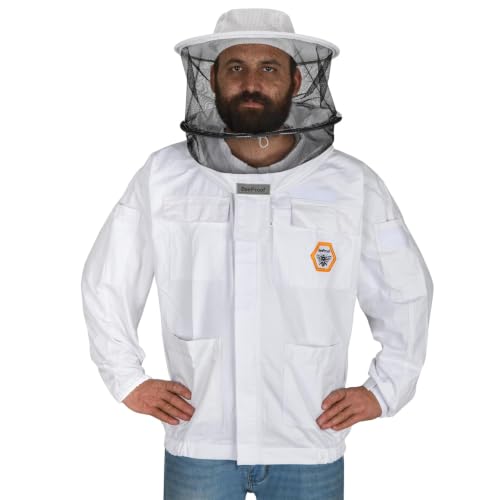 Beekeeping Jacket with Round Veil - Breathable Cotton Beekeeper Suit with YKK Zippers & Protective Hood (BP-102-White)-L - color: White Round Veil, size: Large