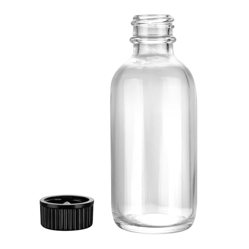 Restaurantware Vetri 2 Ounce Boston Glass Bottles, 48 Sample Bottles With Black Phenolic Caps - Dishwashable, Round, Clear Glass Bottle, For Potion, Juice, Ginger Shots, Whiskey, Liquids - color: Clear, size: 2 oz