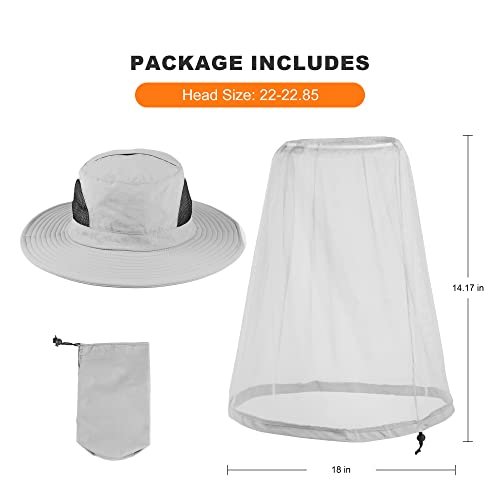 Mosquito Head Net Hat - Bug Cap UPF 50+ Sun Protection with Hidden Netting for Beekeeping Hiking Women - color: Light Grey(removable Bug)
