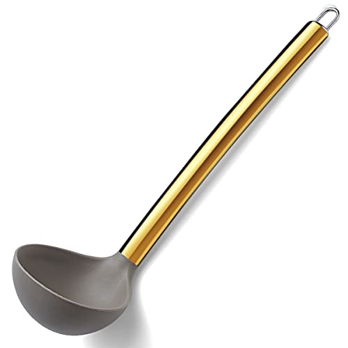 Gold Ladle, Berglander Non-stick Silicone Kitchen Ladle With Titainium Gold Plating handle, Soup Ladle, Cooking Ladle Soup Spoon For Cooking, Dishwasher Safe, Easy to Clean - style: g. Ladle