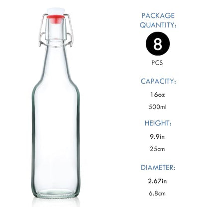 YEBODA Swing Top Glass Bottles 16oz Flip Top Beer Brewing Bottle with Stopper for Home Brewing 2nd Fermentation,Kombucha,Kefir,Vanilla Extract,Juice,Tea,Beverages,Soda,Oil,Vinegar,Limoncello, 8 Pack