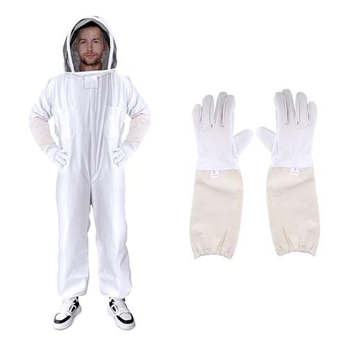 Bee Suit Series,One-Piece Full Set of Clothing with Gloves,Polycotton Material is More Assured - color: White Fencing Veil, size: L Large
