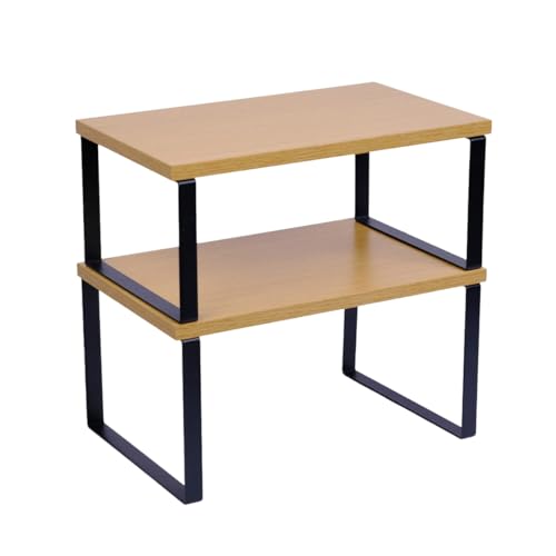 Sben Cabinet Organizer Shelf, Set of 2 Kitchen Counter Shelves, Kitchen Storage, Spice Rack, Stackable, Expandable, Metal and Engineered Wood, Ink Black and Natural Beige - color: Bamboo, size: 11.7"W