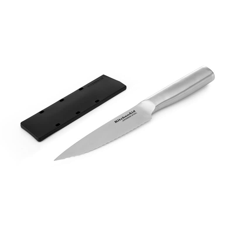 KitchenAid Gourmet Forged Stainless Steel Serrated Utility Knife with Custom-Fit Blade Cover, 5.5-inch, Sharp Kitchen Knife, Brushed Stainless Steel Handle - style: 5.5-Inch Serrated Utility Knife