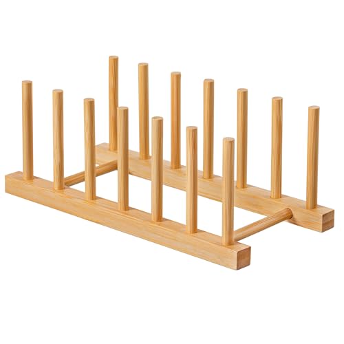 HBlife Bamboo Dish Plate Bowl Cup Book Pot Lid Cutting Board Drying Rack Stand Drainer Storage Holder Organizer Kitchen Cabinet（Keep Dry） - color: Bamboo 6 Slots 1pcs